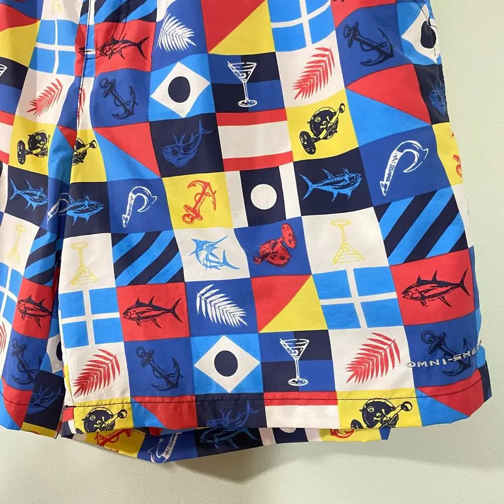 Columbia Men's PFG Nautical Fishing Checkered Swim Trunks Size L